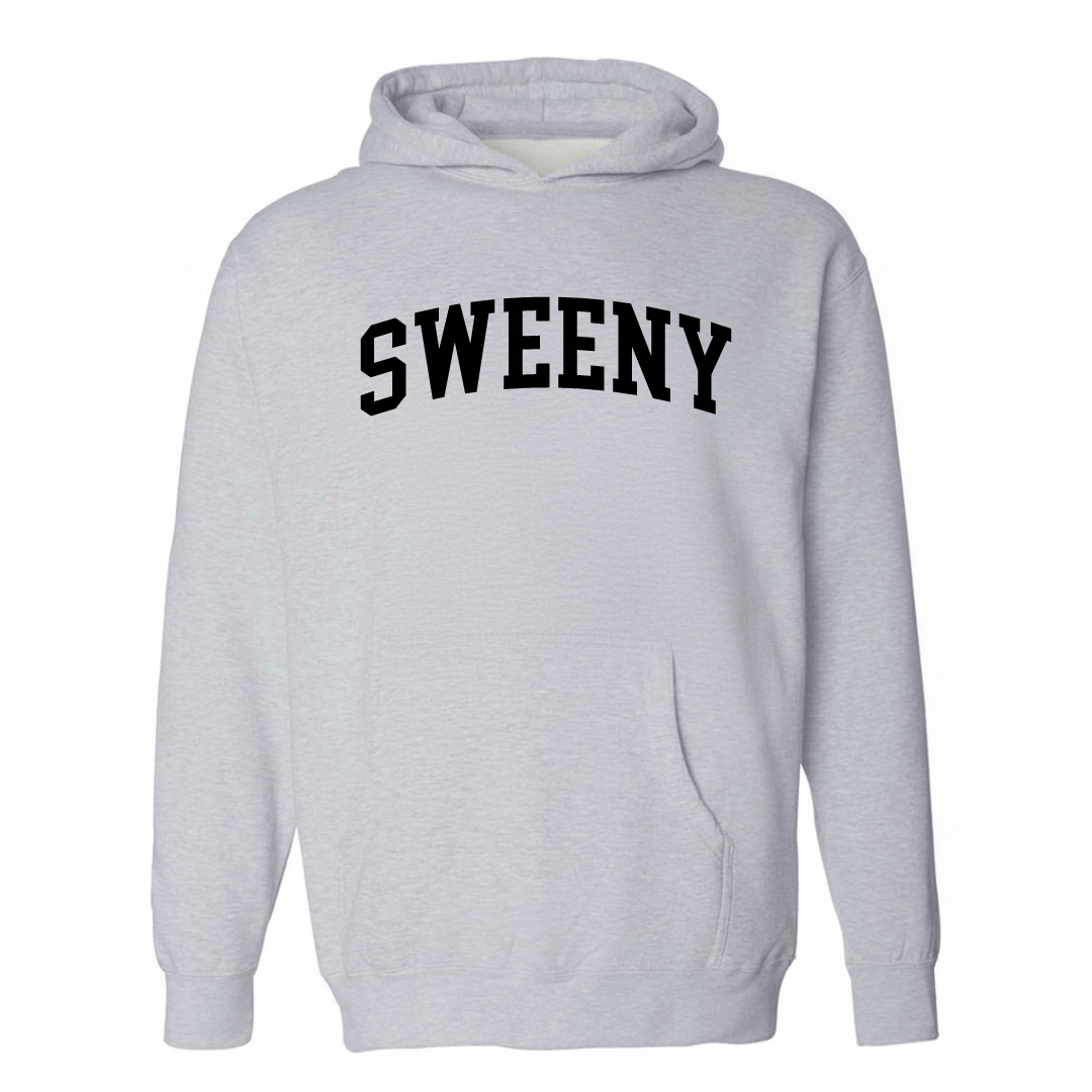 Heather-gray hoodie with the Sweeny varsity arched lettering design on the chest.