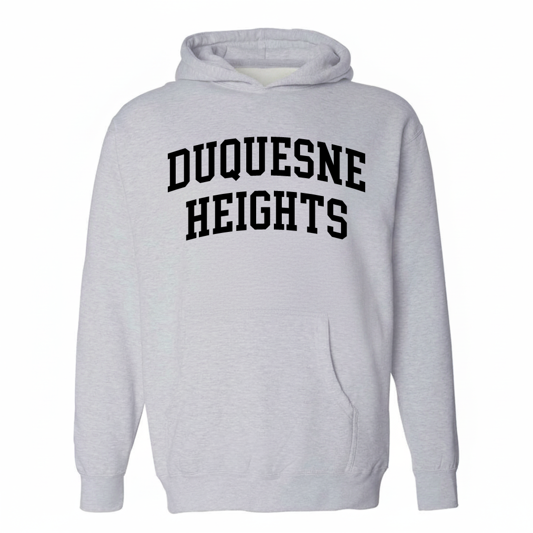 Heather-gray hoodie with the Duquesne Heights arched varsity lettering design on the chest.