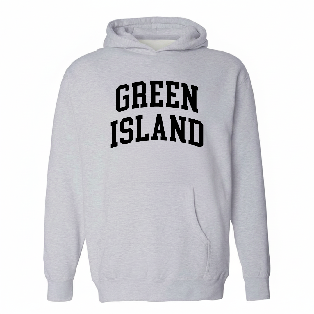 Heather-gray hoodie with the Green Island varsity arched lettering design on the chest.