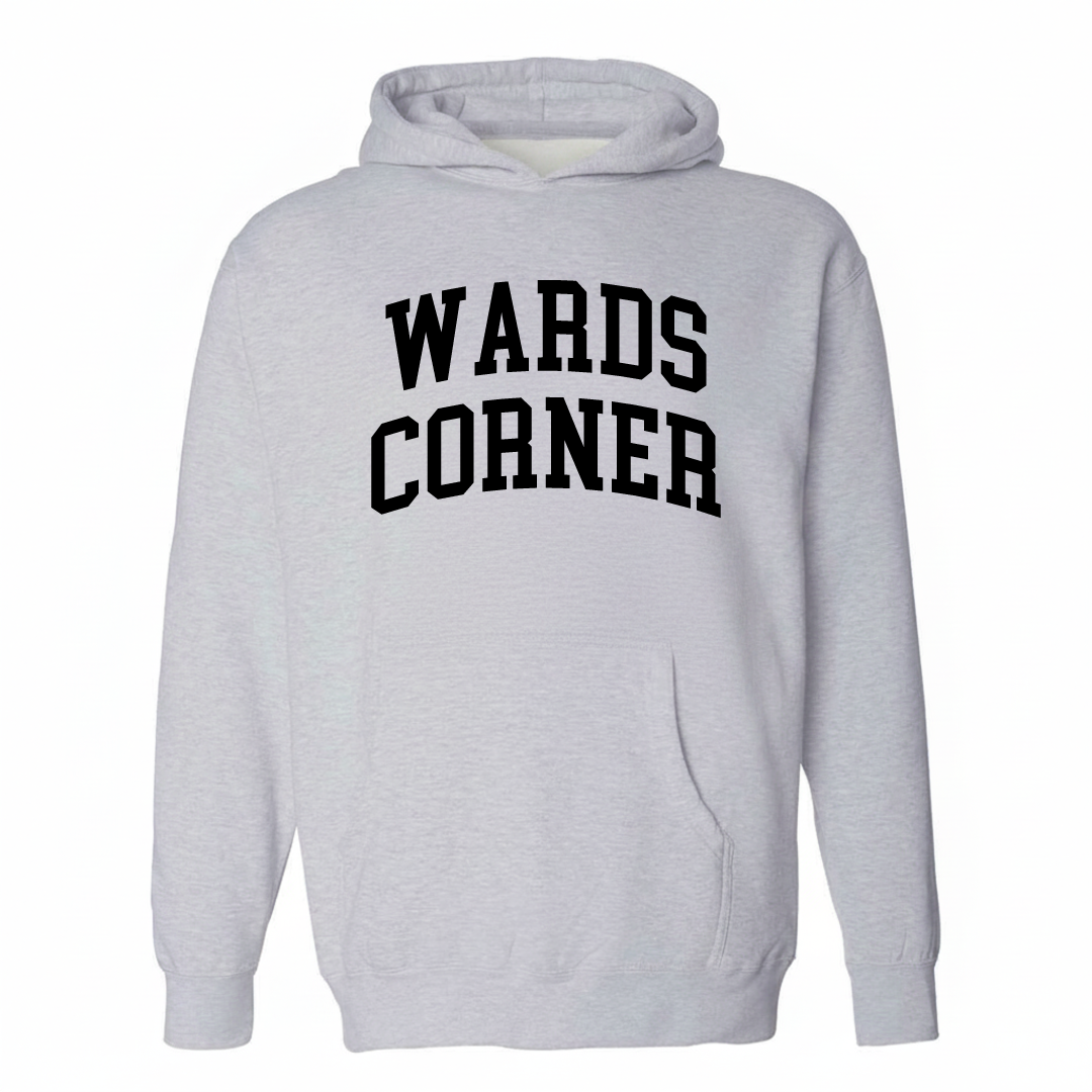 Heather-gray hoodie with the Wards Corner varsity arched lettering design on the chest.