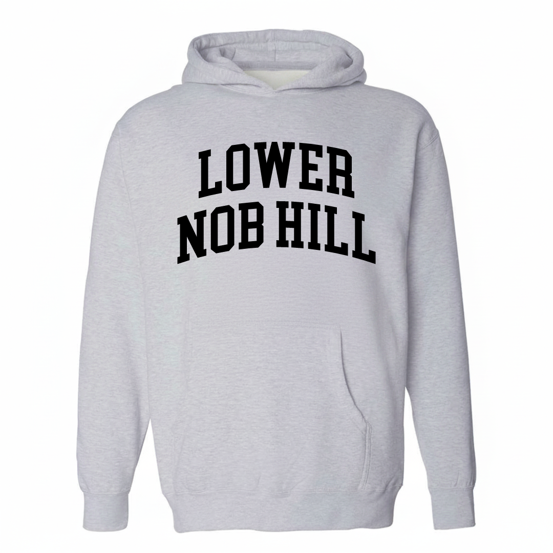 Heather-gray hoodie with the Lower Nob Hill varsity arched lettering design on the chest.