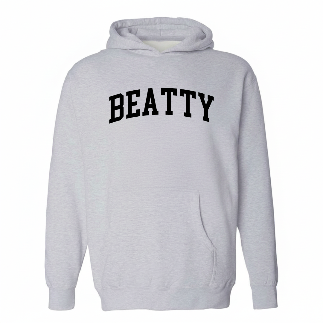 Heather-gray hoodie with the Beatty arched lettering varsity-collegiate design on the chest.