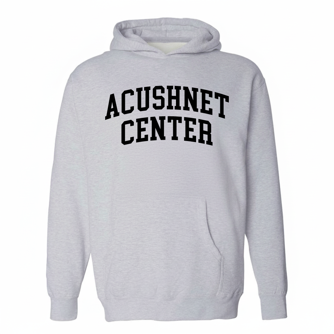 Heather-gray hoodie with the Acushnet Center varsity arched lettering design on the chest.