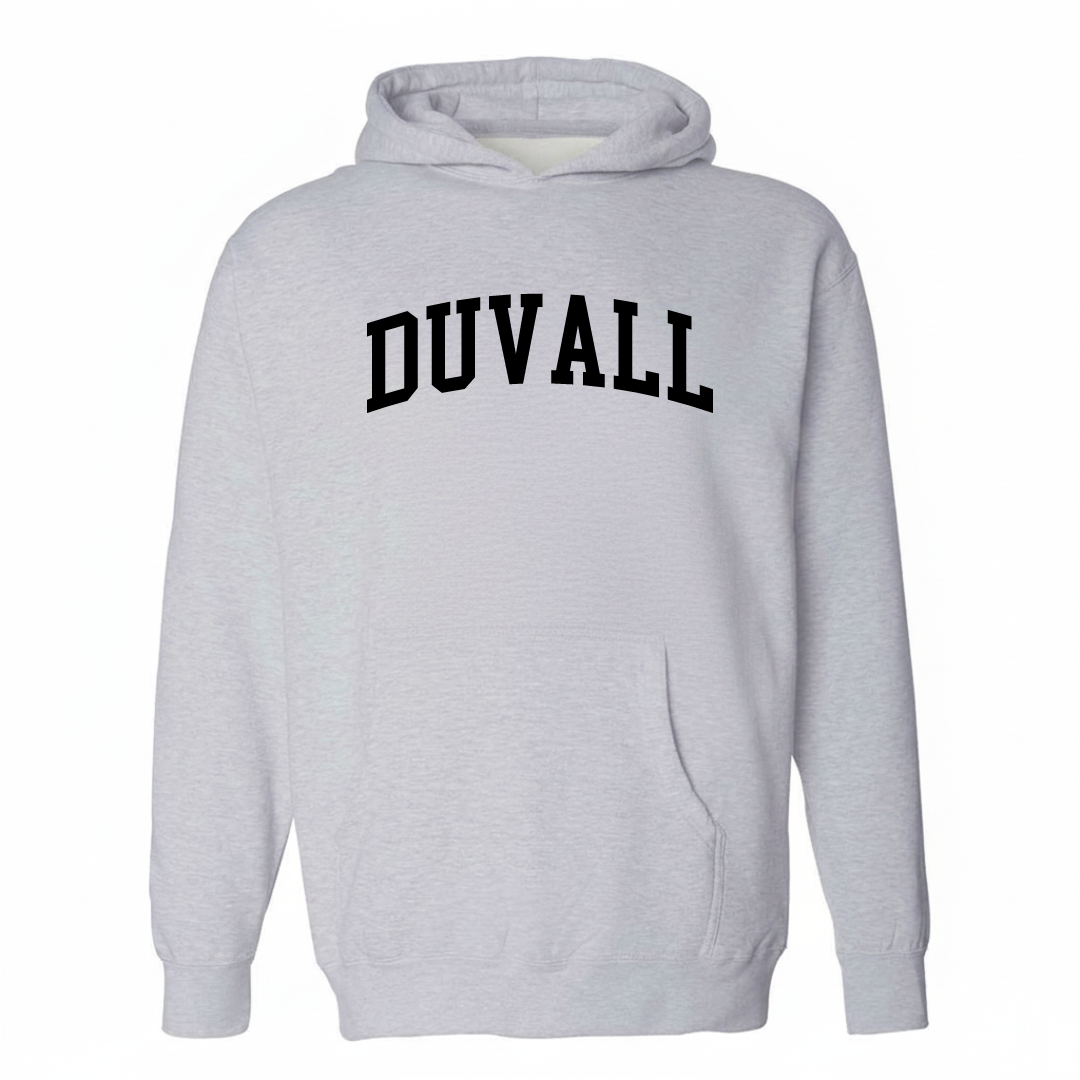 Heather-gray hoodie with the Duvall varsity arched lettering design on the chest.