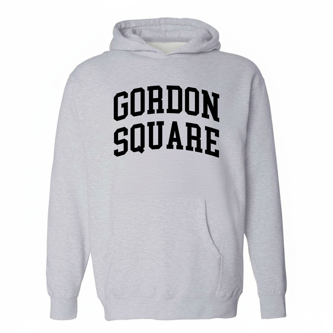 Heather-gray hoodie with the Gordon Square varsity arched lettering design on the chest.