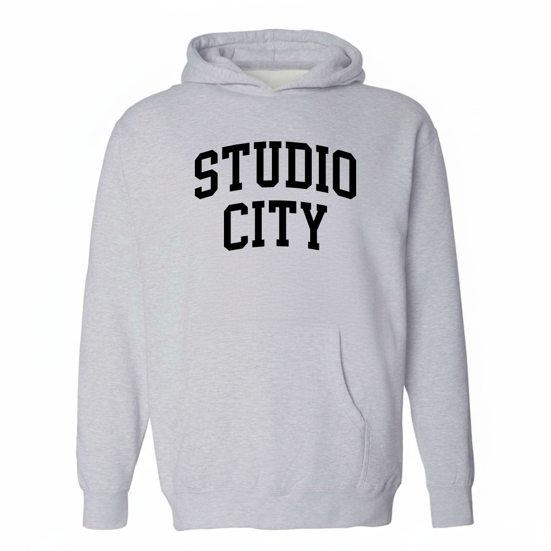 Heather-gray hoodie with the Studio City varsity arched lettering design on the chest.