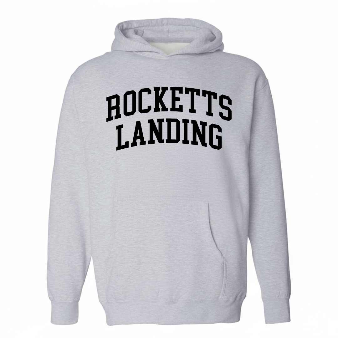 Heather-gray hoodie with the Rocketts Landing varsity arched lettering design on the chest.