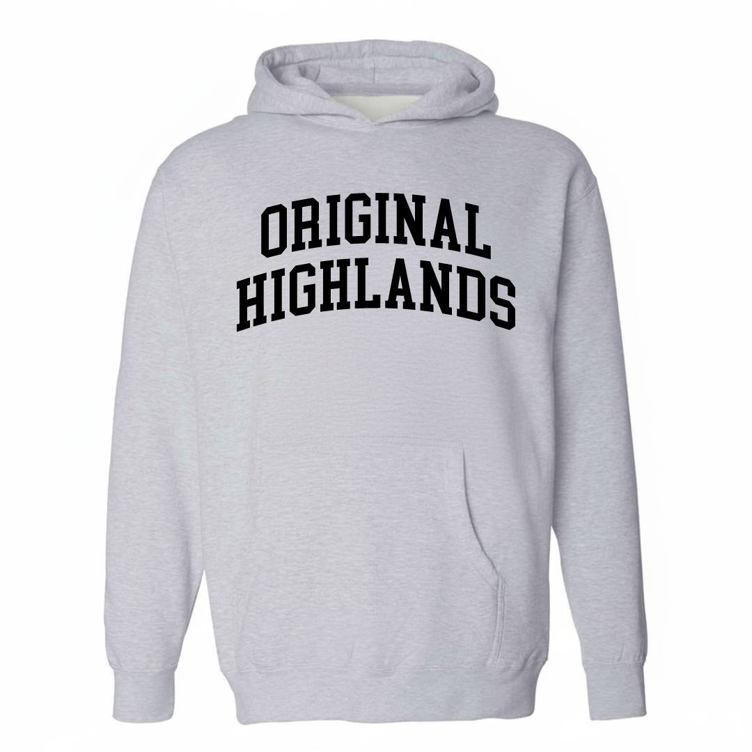 Heather-gray hoodie with the Original Highlands varsity arched lettering design on the chest.