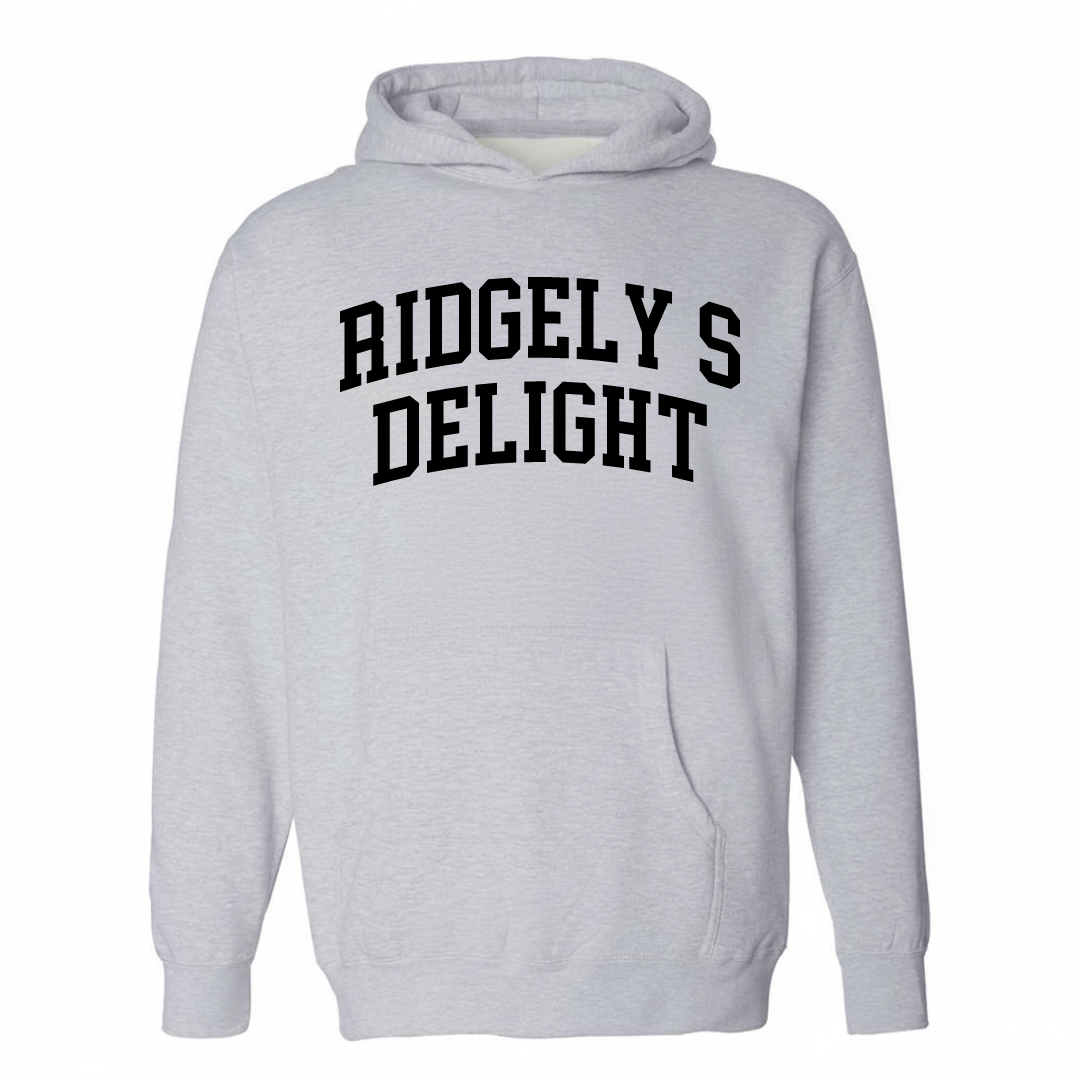 Heather-gray hoodie with the Ridgely's Delight varsity arched lettering design on the chest.