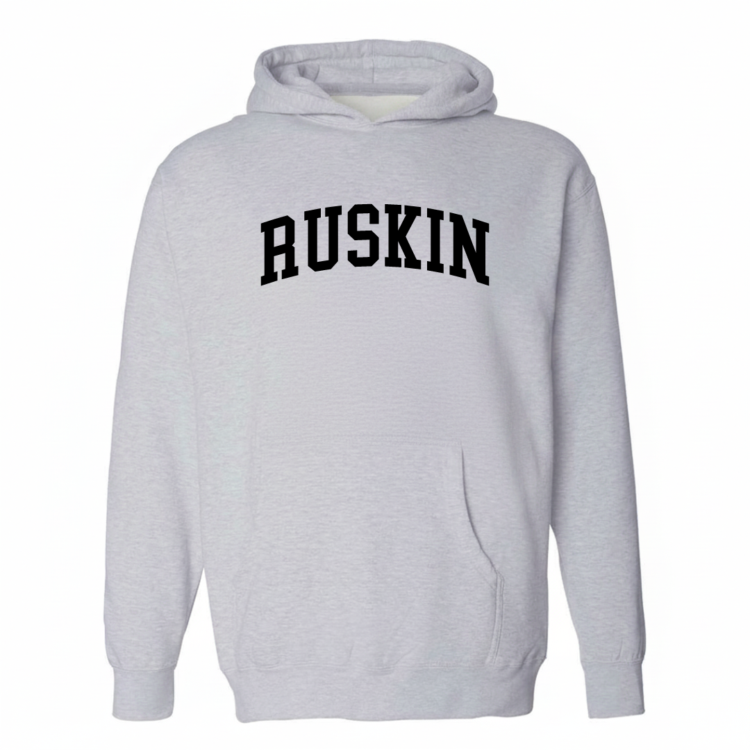 Heather-gray hoodie with the Ruskin varsity arched lettering design on the chest.