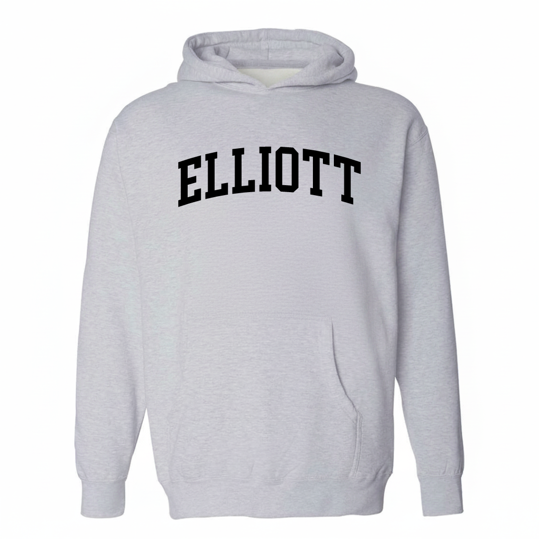 Heather-gray hoodie with the Elliott Pittsburgh varsity arched lettering design on the chest.