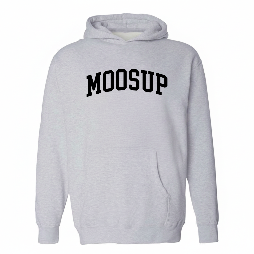 Heather-gray hoodie with the Moosup varsity arched lettering design on the chest.