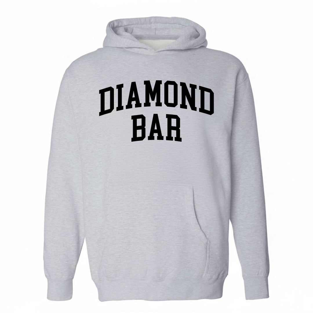 Heather-gray hoodie with Diamond Bar varsity arched lettering design on the chest.