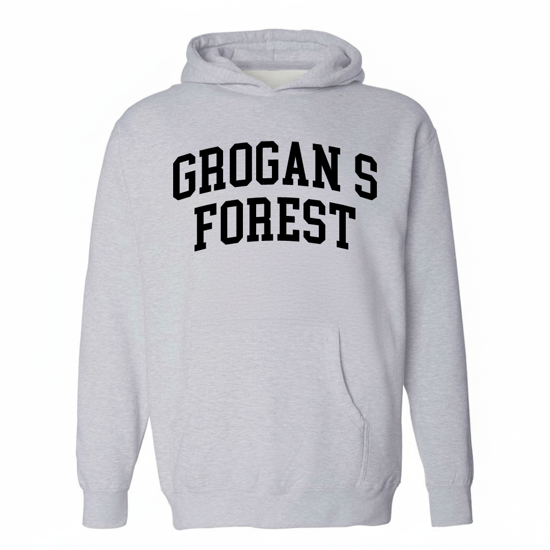 Heather-gray hoodie with the Grogan's Forest varsity arched lettering design on the chest.