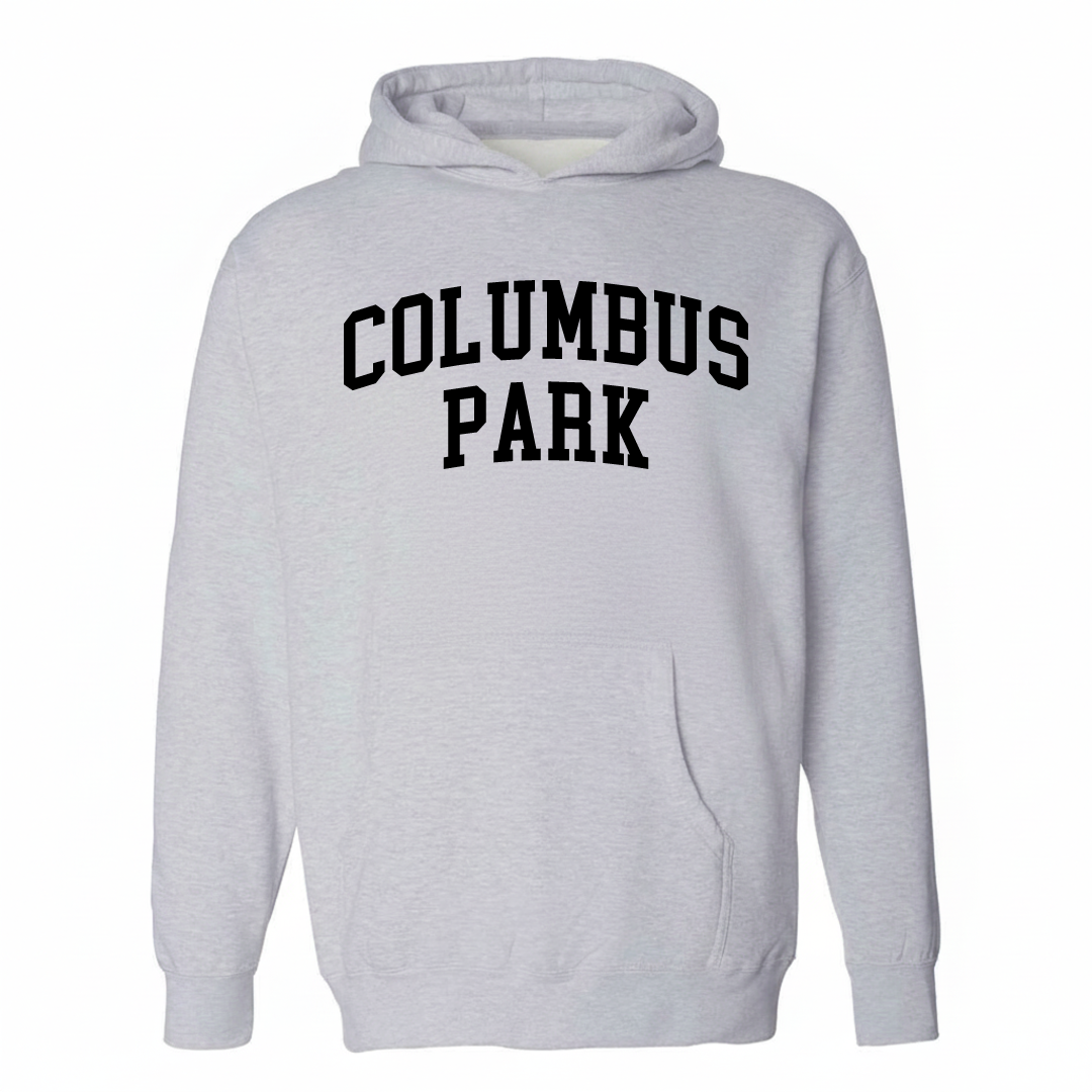 Heather-gray hoodie with the Columbus Park varsity arched lettering design on the chest.
