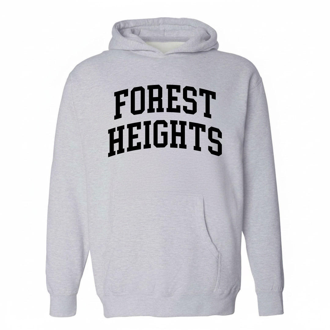 Heather-gray hoodie with the Forest Heights arched lettering varsity-collegiate design on the chest.