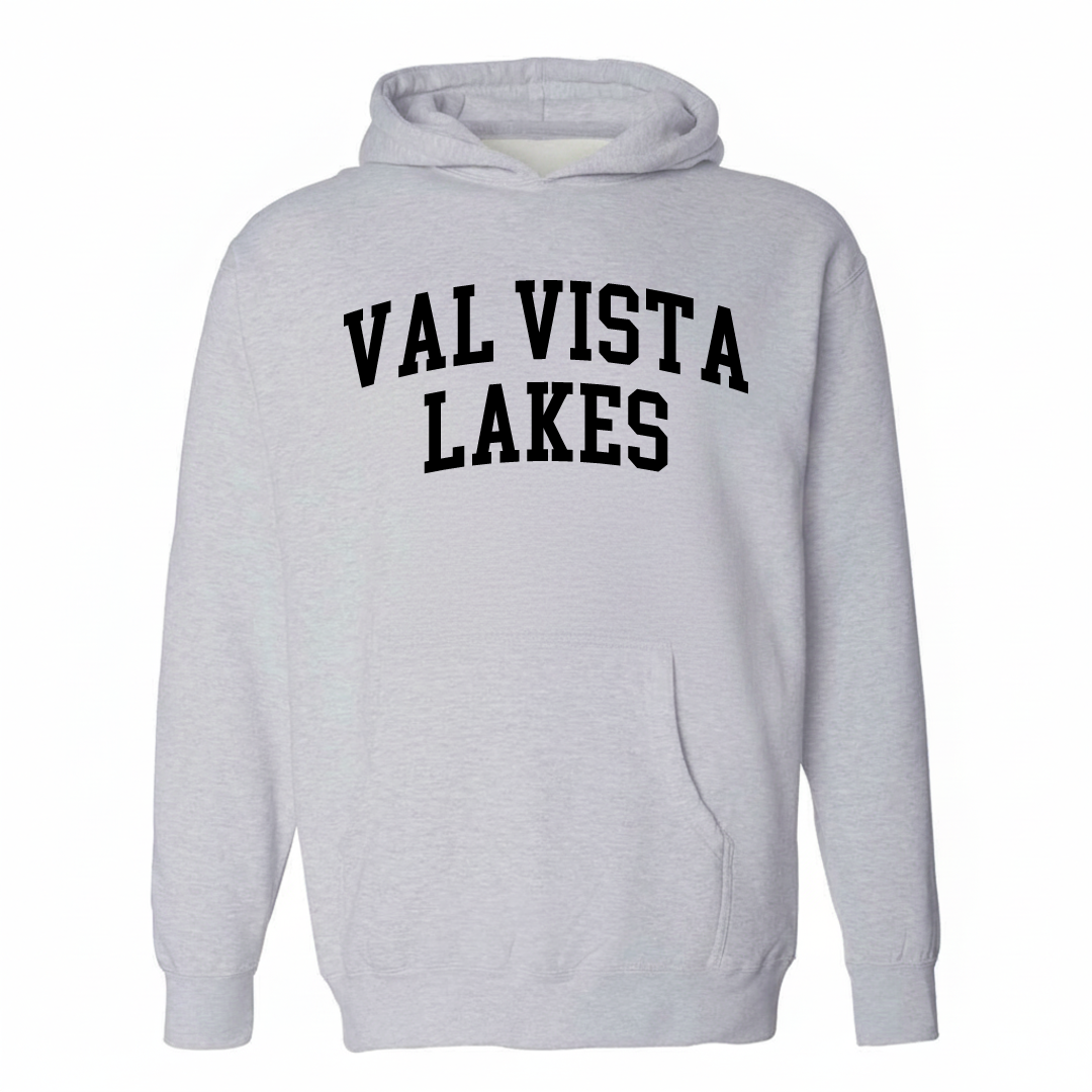 Heather-gray hoodie with the Val Vista Lakes varsity arched lettering design on the chest.