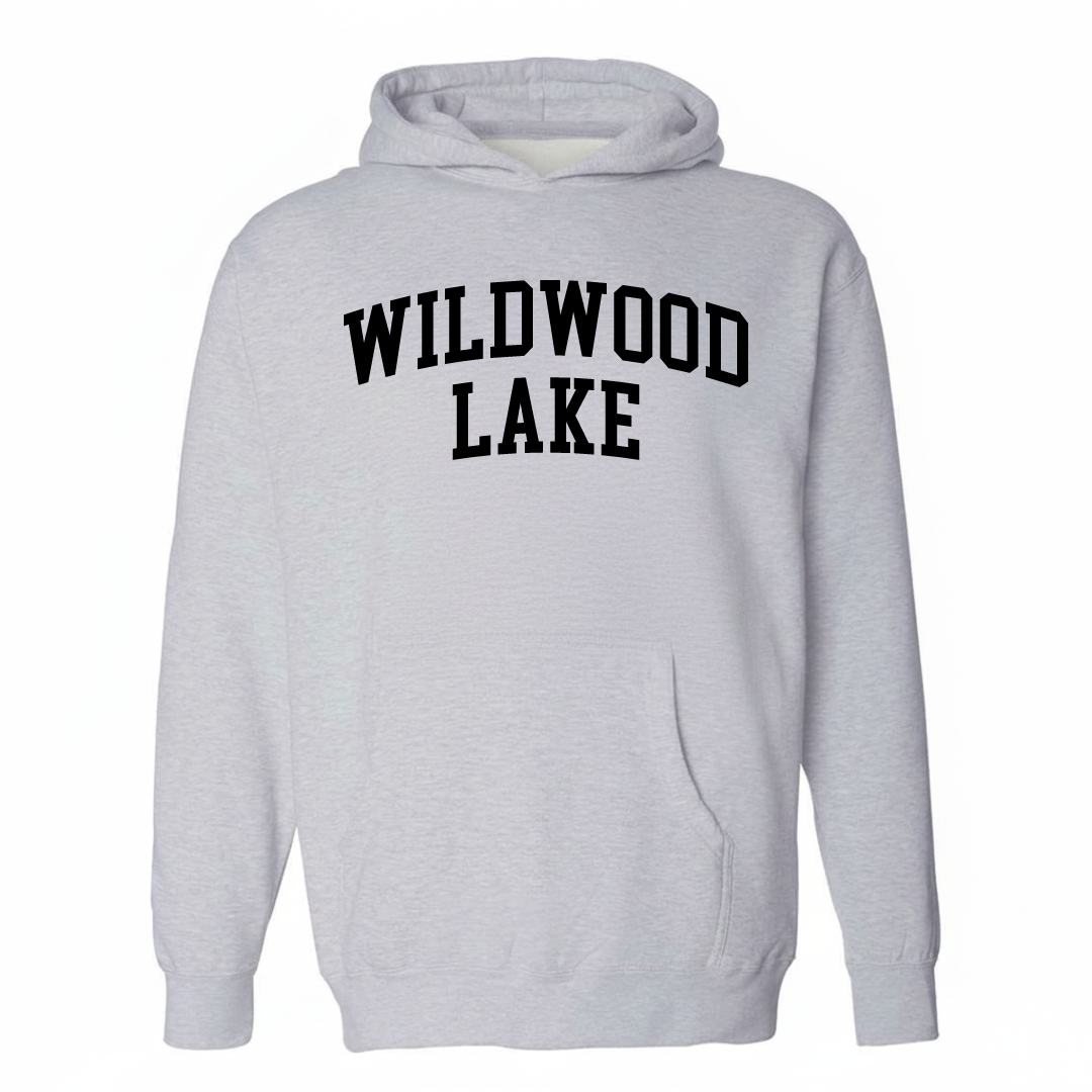 Heather-gray hoodie with the Wildwood Lake varsity arched lettering design on the chest.