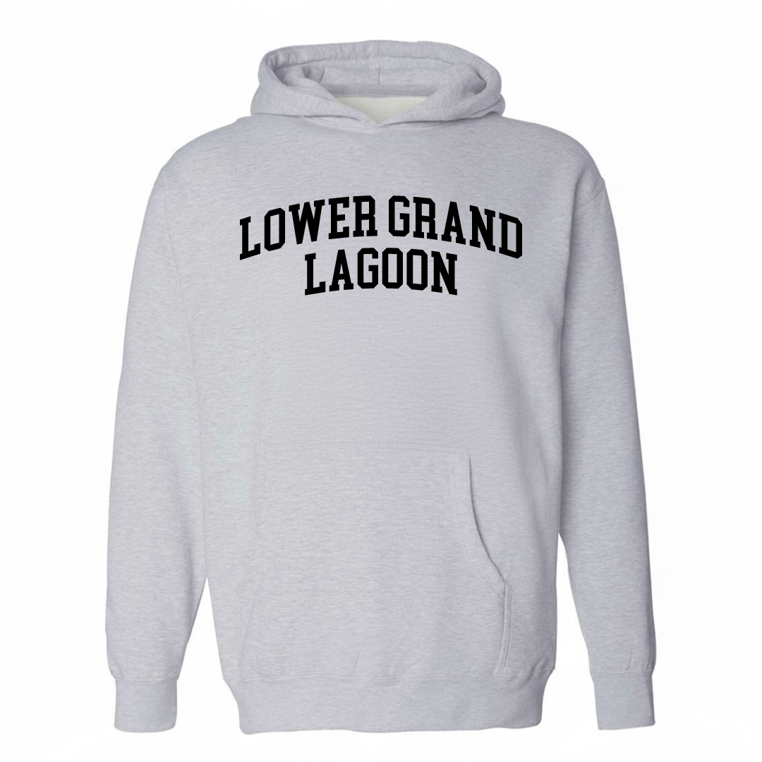 Heather-gray hoodie with the Lower Grand Lagoon varsity arched lettering design on the chest.