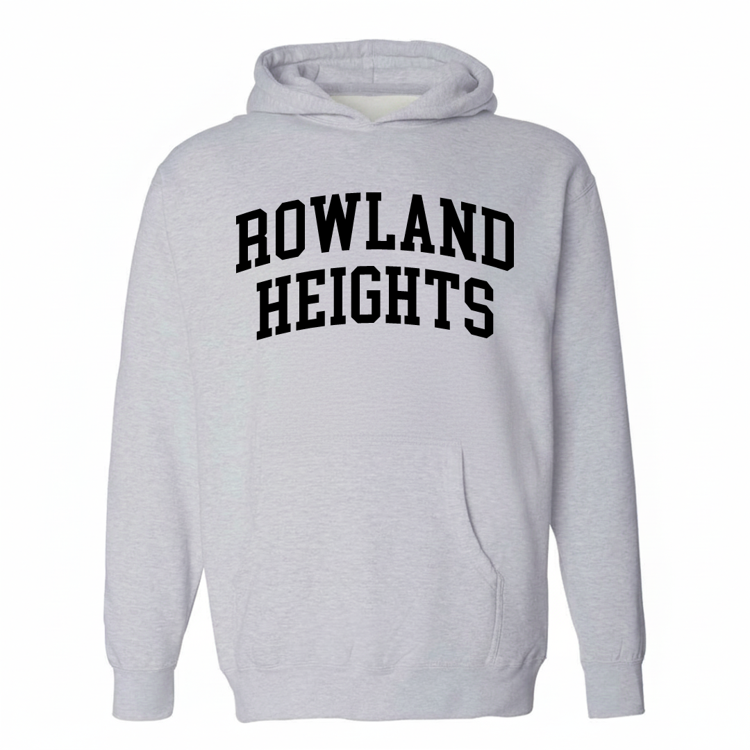 Heather-gray hoodie with the Rowland Heights varsity arched lettering design on the chest.