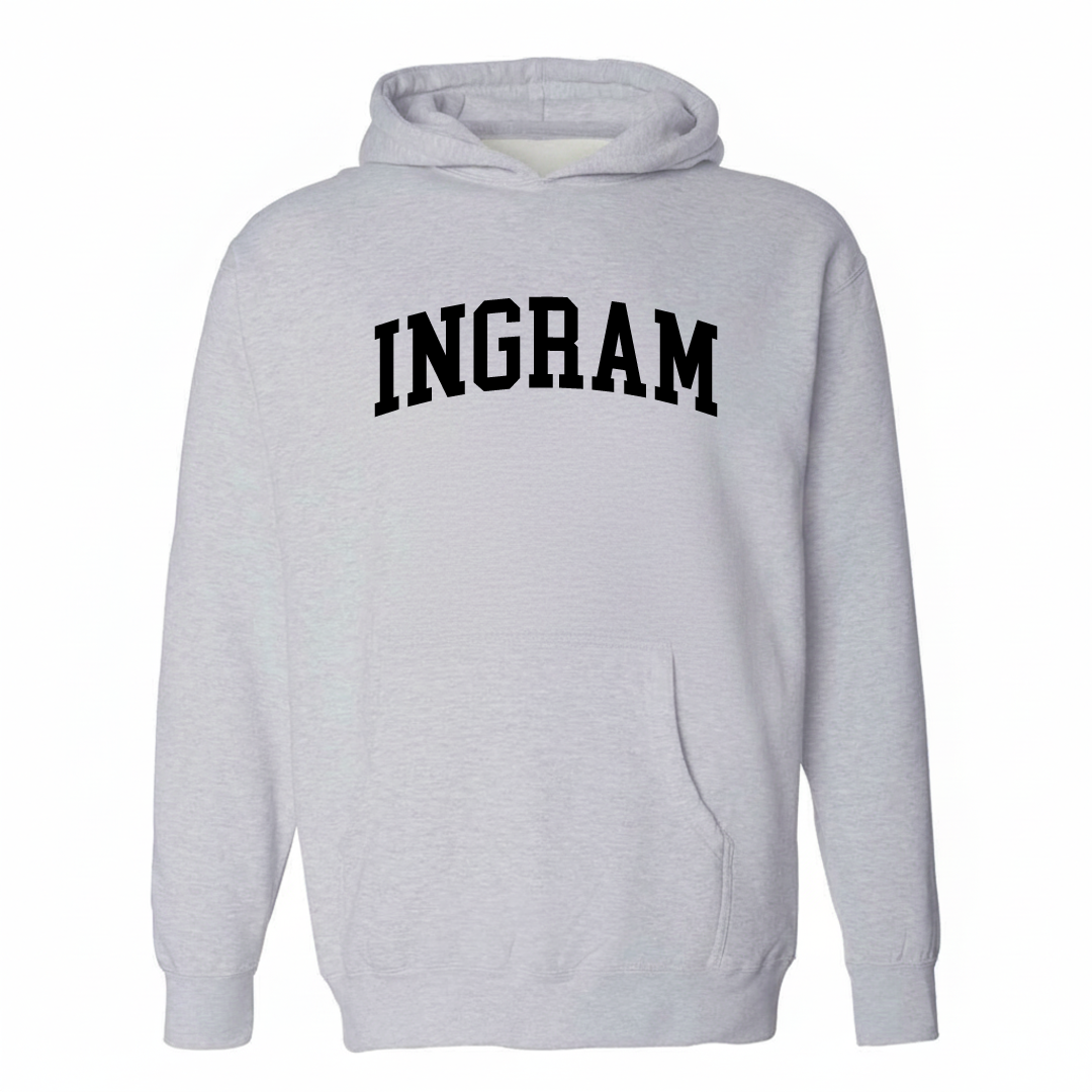 Heather-gray hoodie with the Ingram varsity arched lettering design on the chest.