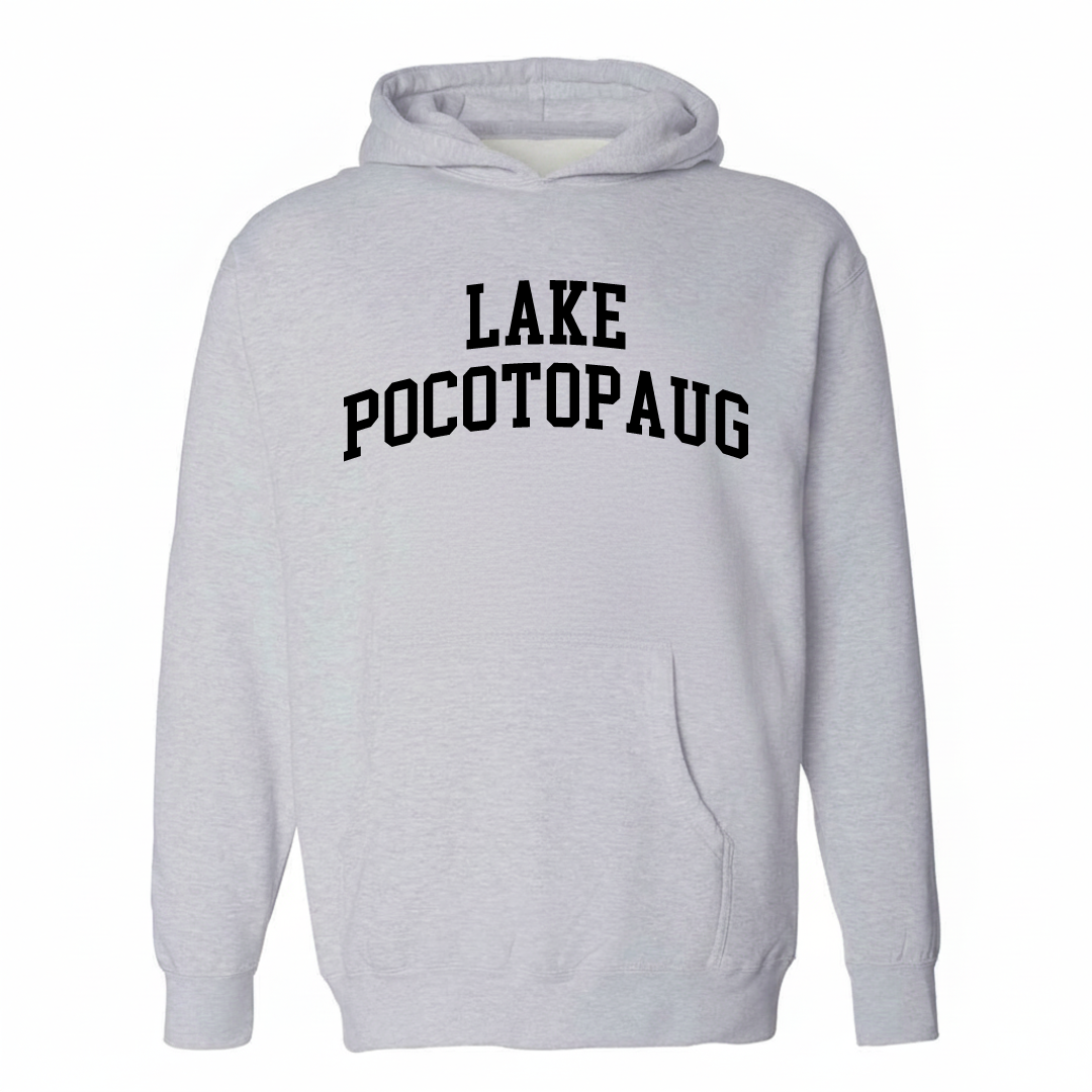 Heather-gray hoodie with the Lake Pocotopaug varsity arched lettering design on the chest.
