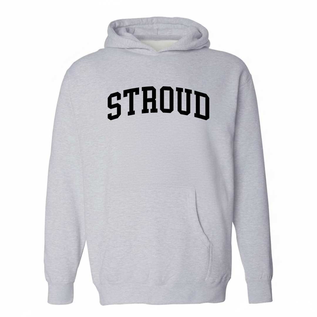 Heather-gray hoodie with the Stroud varsity arched lettering design on the chest.