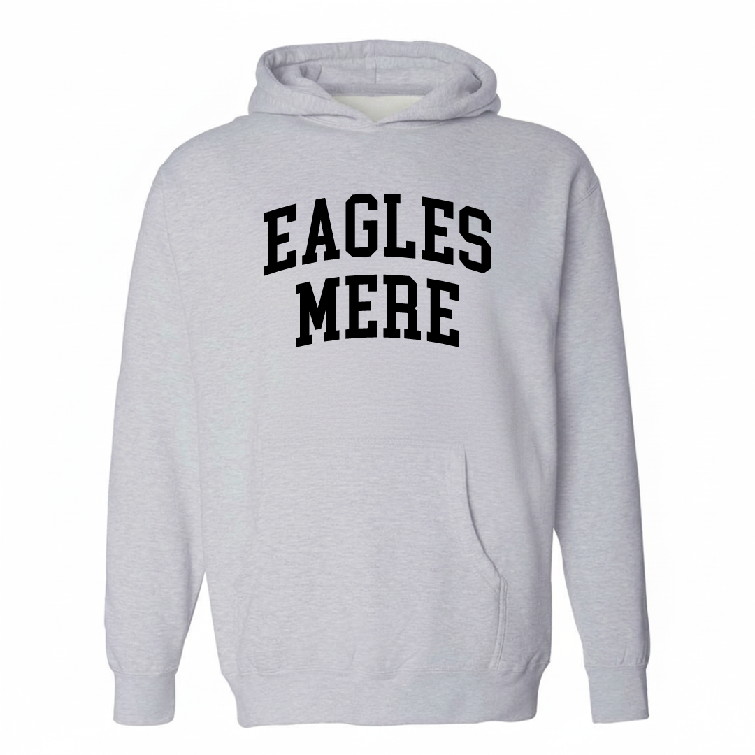 Heather-gray hoodie with the Eagles Mere varsity arched lettering design on the chest.