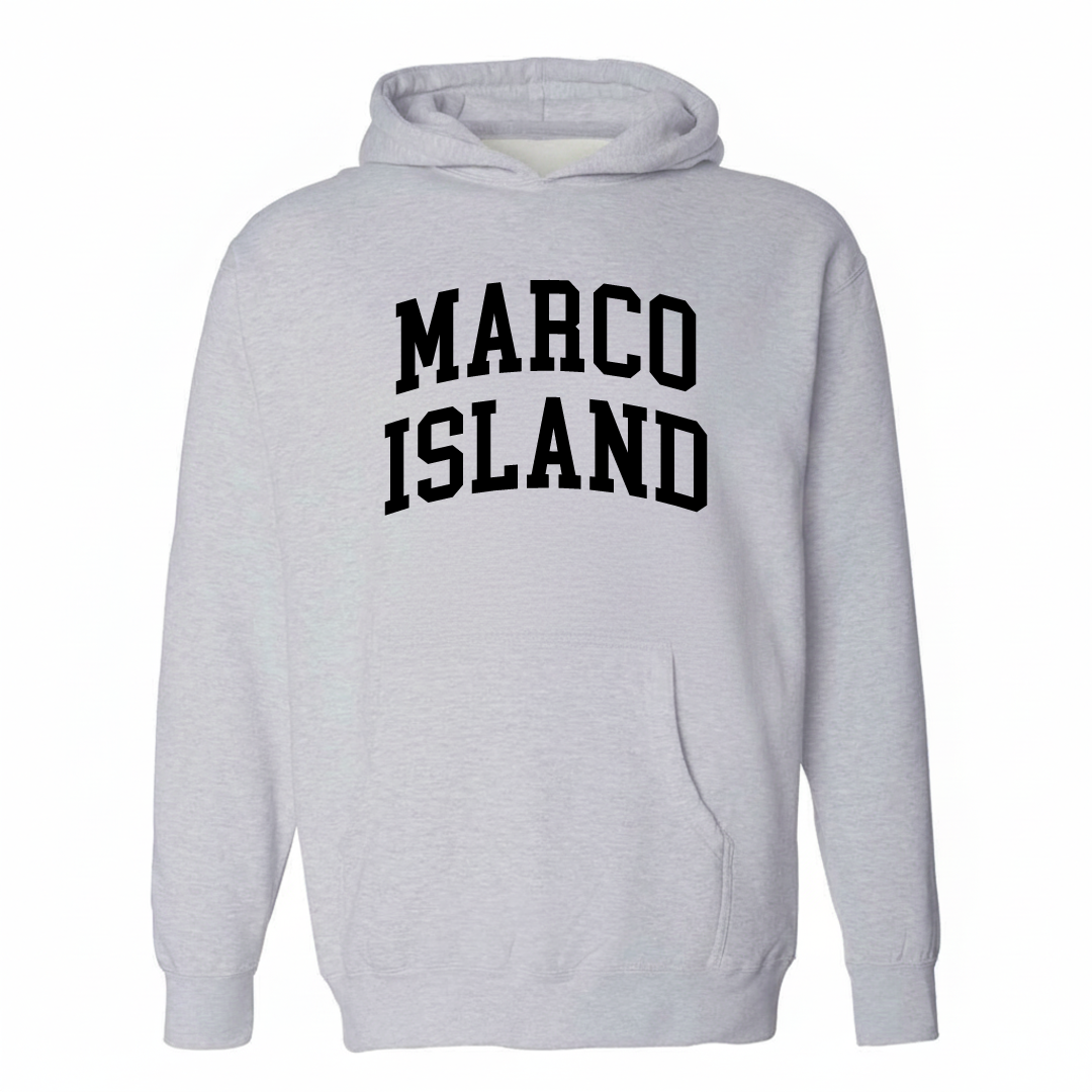 Heather-gray hoodie with the Marco Island varsity arched lettering design on the chest.