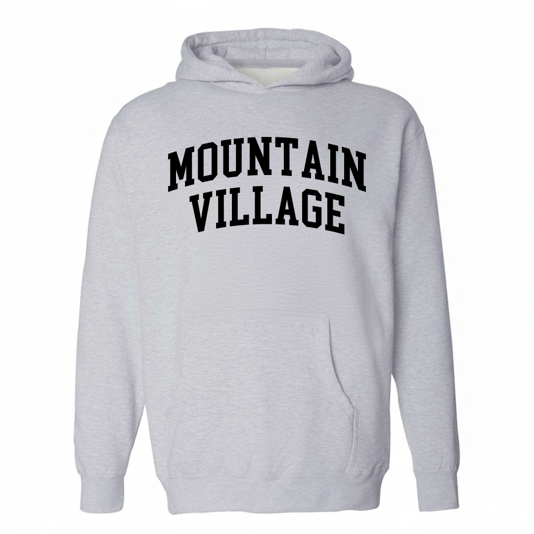 Heather-gray hoodie with the Mountain Village arched varsity lettering design on the chest.