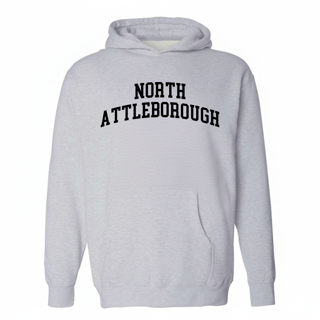 Heather-gray hoodie with the North Attleborough varsity arched lettering design on the chest.