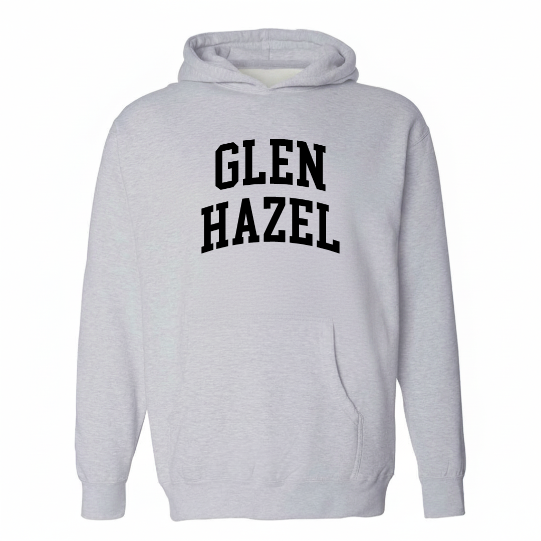 Heather-gray hoodie with the Glen Hazel varsity arched lettering design on the chest.