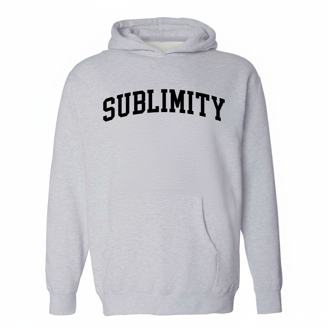 Heather-gray hoodie with the Sublimity varsity arched lettering design on the chest.