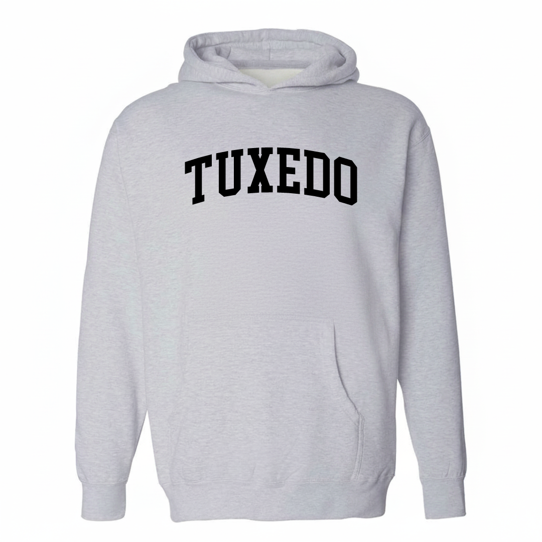 Heather-gray hoodie with the Tuxedo varsity arched lettering design on the chest.