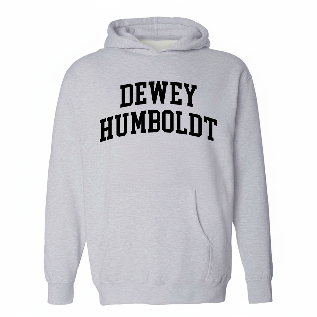 Heather-gray hoodie with the Dewey-Humboldt varsity arched lettering design on the chest.