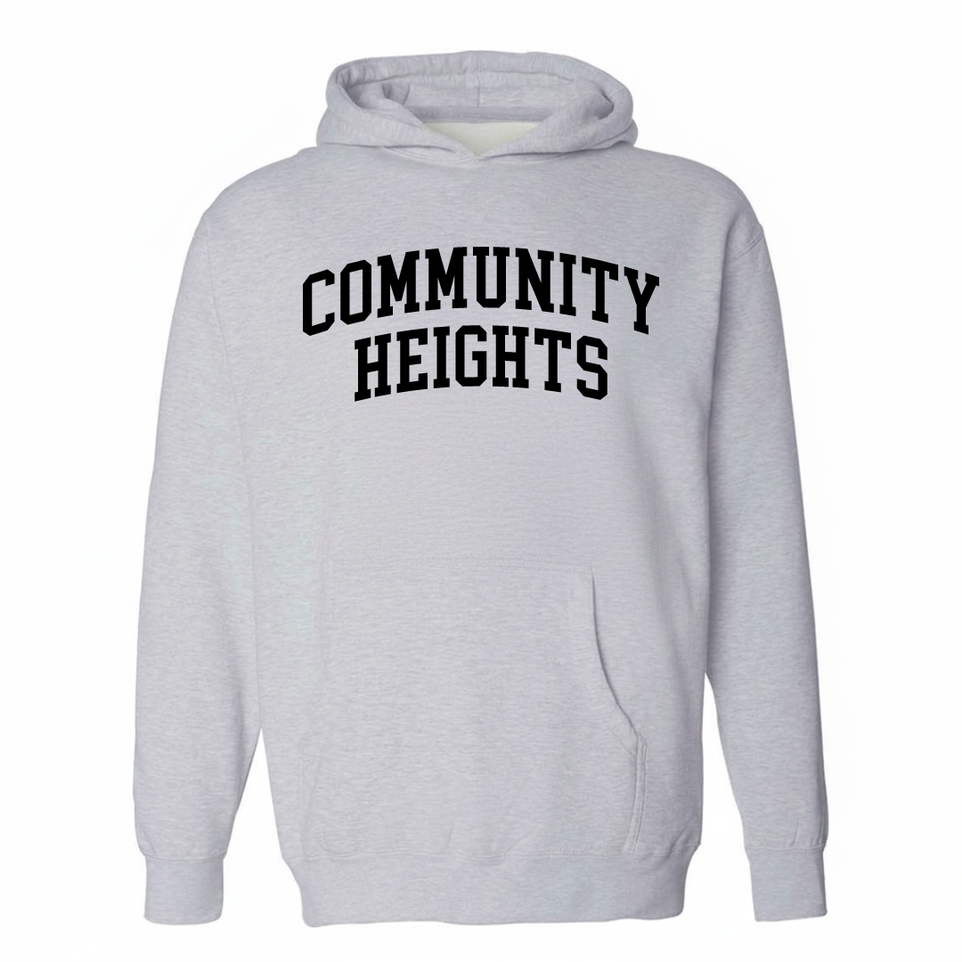 Heather-gray hoodie with the Community Heights varsity arched lettering design on the chest.