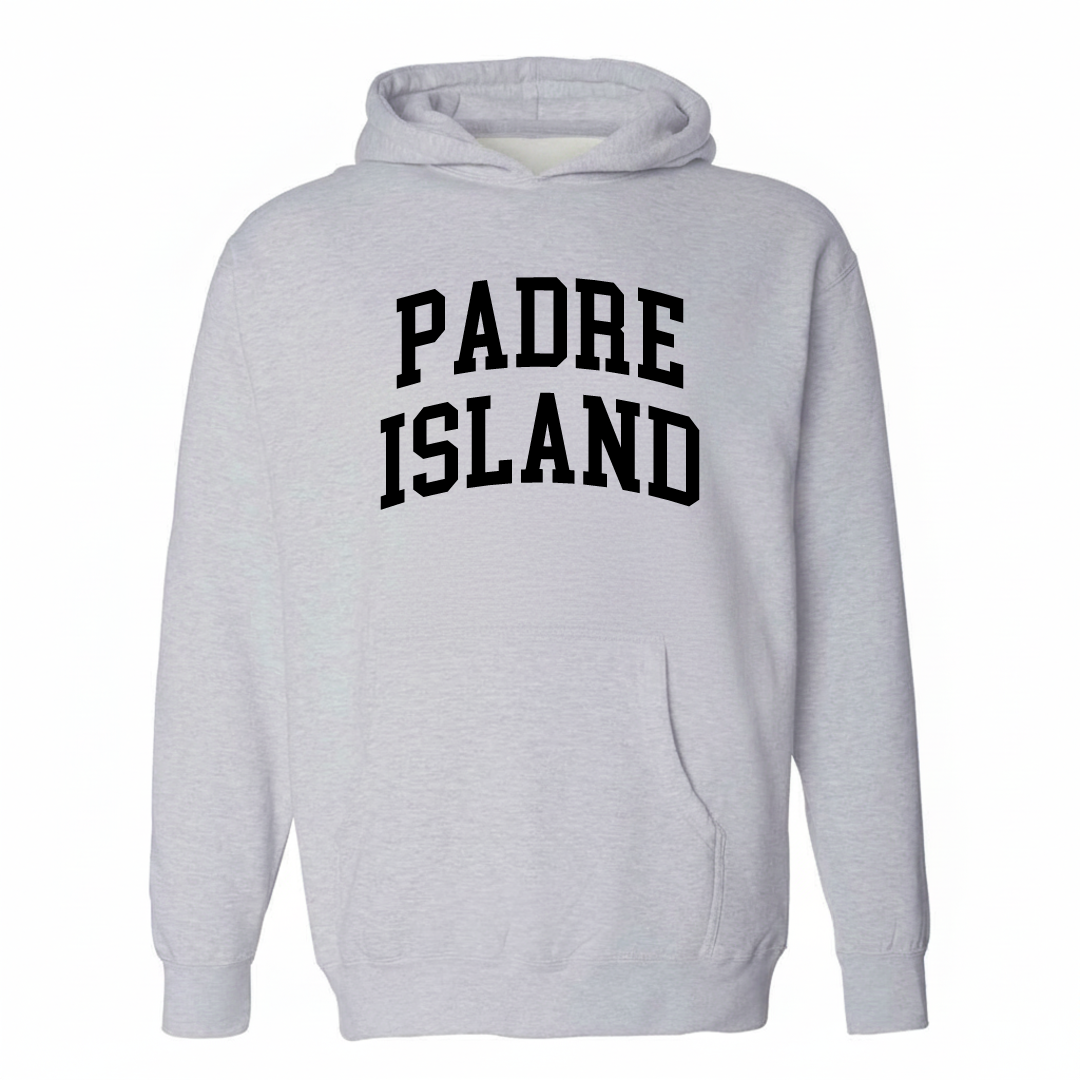Heather-gray hoodie with the Padre Island varsity arched lettering design on the chest.