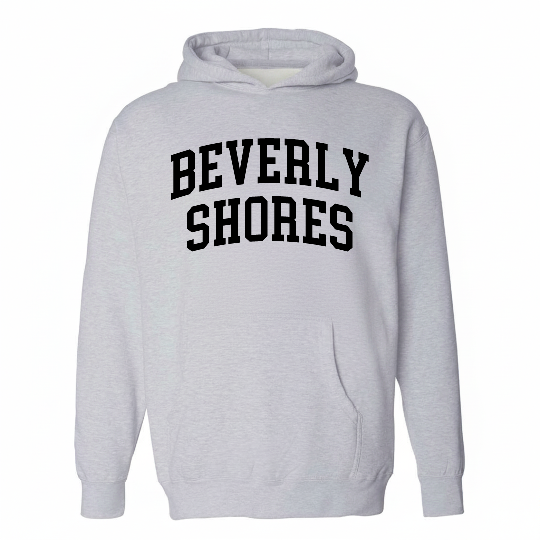 Heather-gray hoodie with the Beverly Shores varsity arched lettering design on the chest.