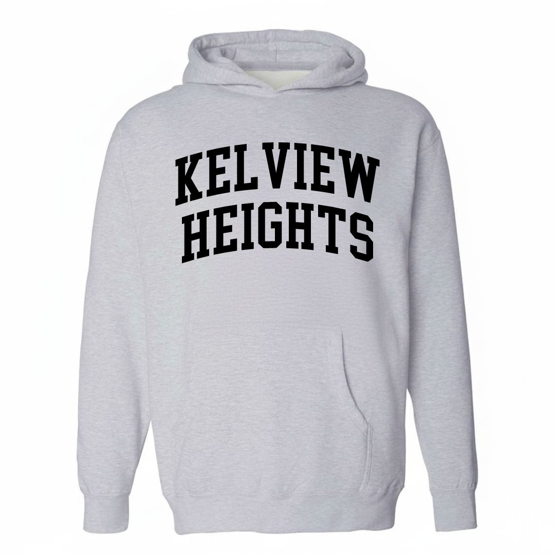 Heather-gray hoodie with the Kelview Heights varsity arched lettering design on the chest.