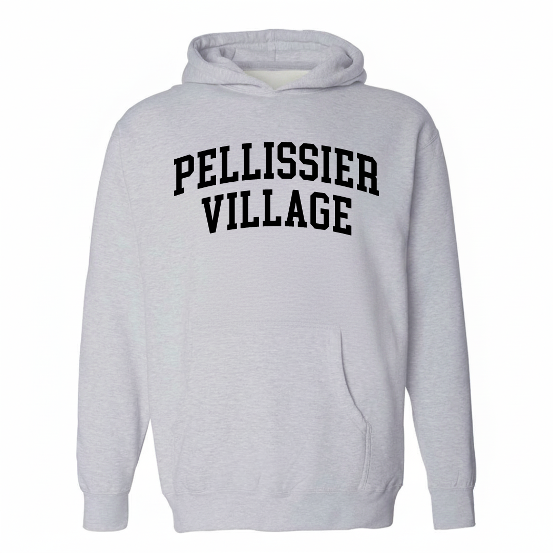 Heather-gray hoodie with the Pellissier Village varsity arched lettering design on the chest.