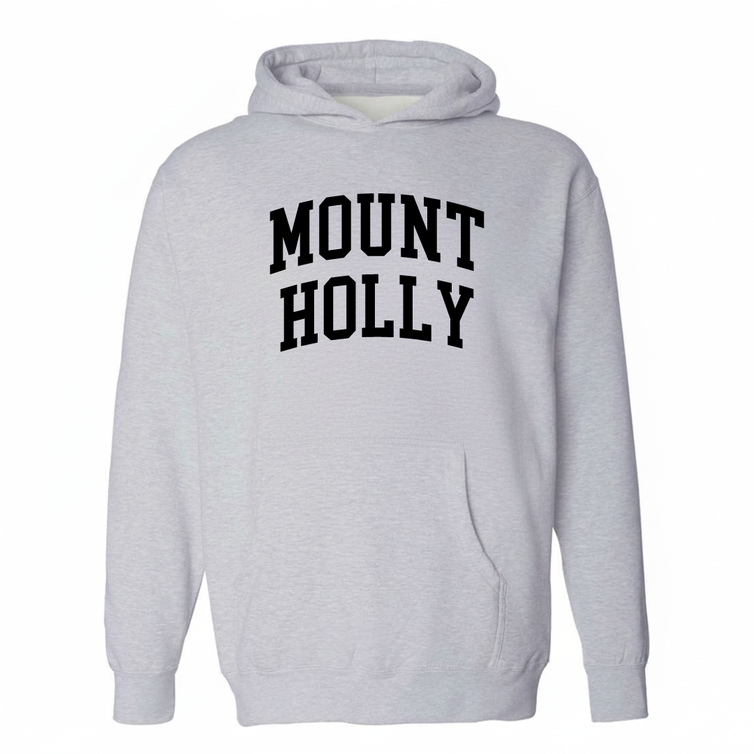 Heather-gray hoodie with the Mount Holly arched lettering varsity-collegiate design on the chest.
