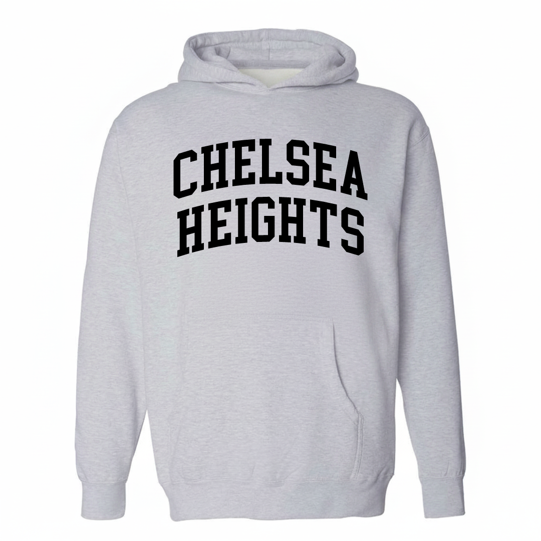 Heather-gray hoodie with the Chelsea Heights varsity arched lettering design on the chest.
