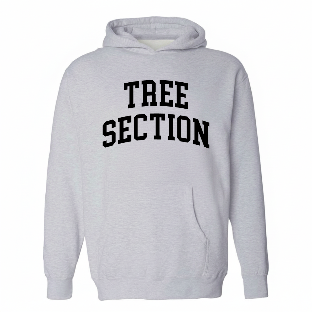 Heather-gray hoodie with the Tree Section varsity arched lettering design on the chest.