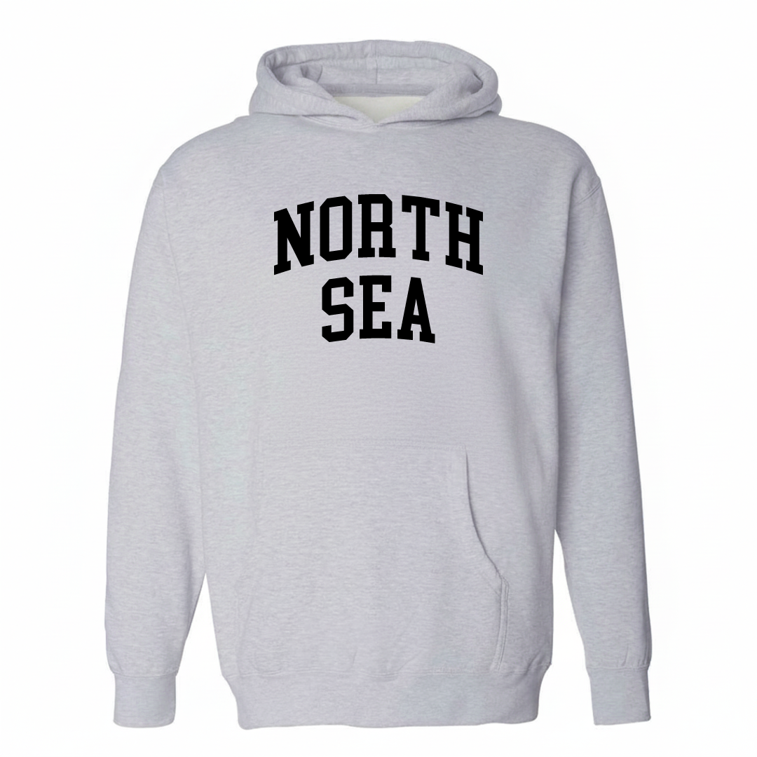 Heather-gray hoodie with the North Sea varsity arched lettering design on the chest.