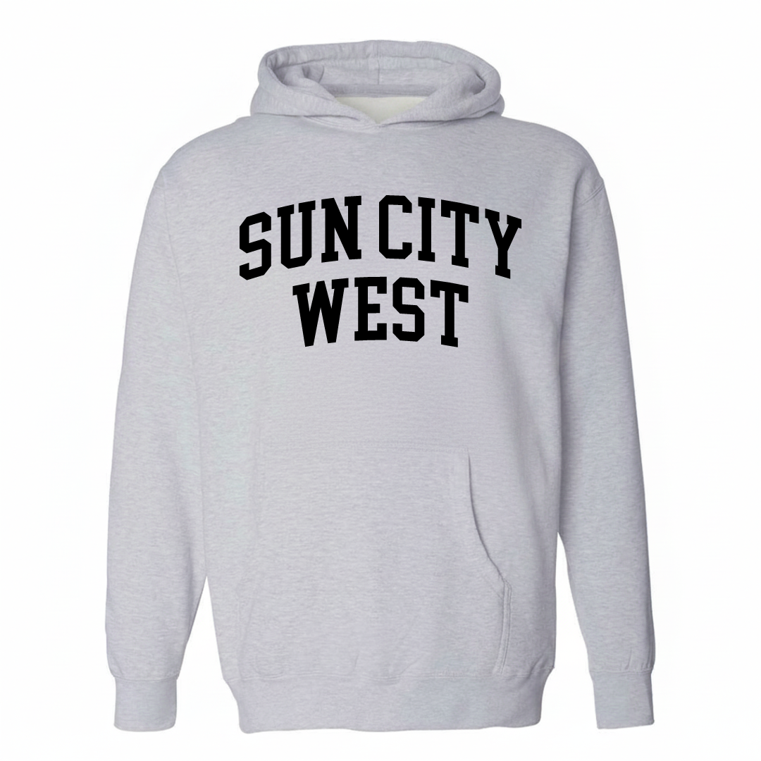 Heather-gray hoodie with the Sun City West varsity arched lettering design on the chest.