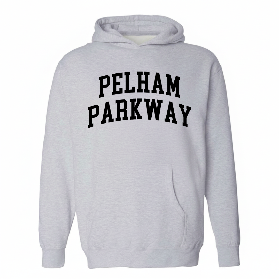 Heather-gray hoodie with the Pelham Parkway varsity arched lettering design on the chest.