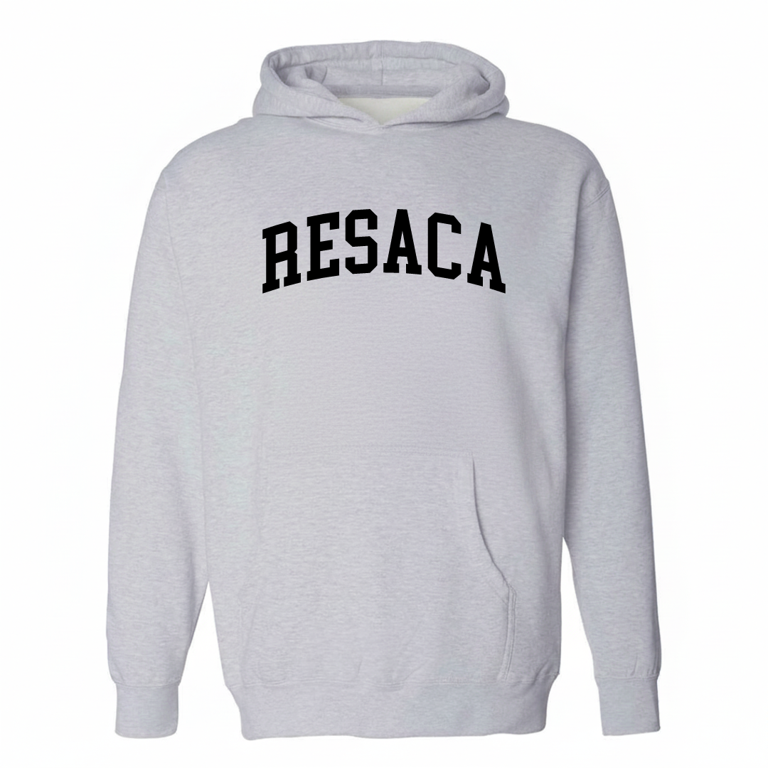 Heather-gray hoodie with the Resaca varsity arched lettering design on the chest.