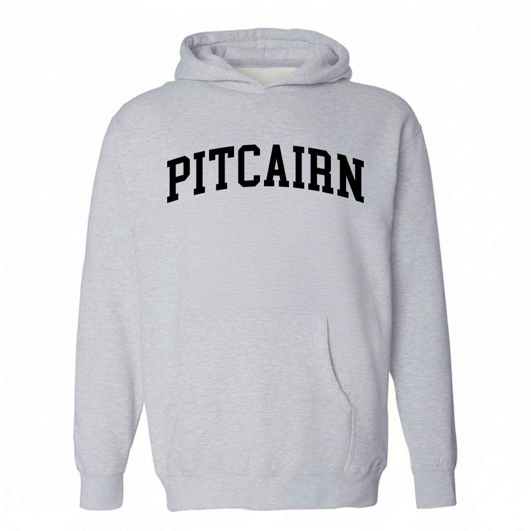 Heather-gray hoodie with the Pitcairn varsity arched lettering design on the chest.