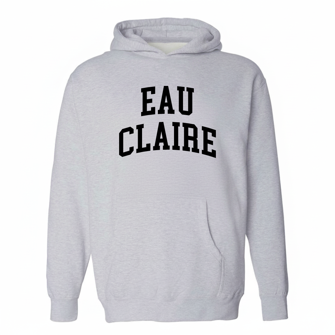 Heather-gray hoodie with the Eau Claire varsity arched lettering design on the chest.