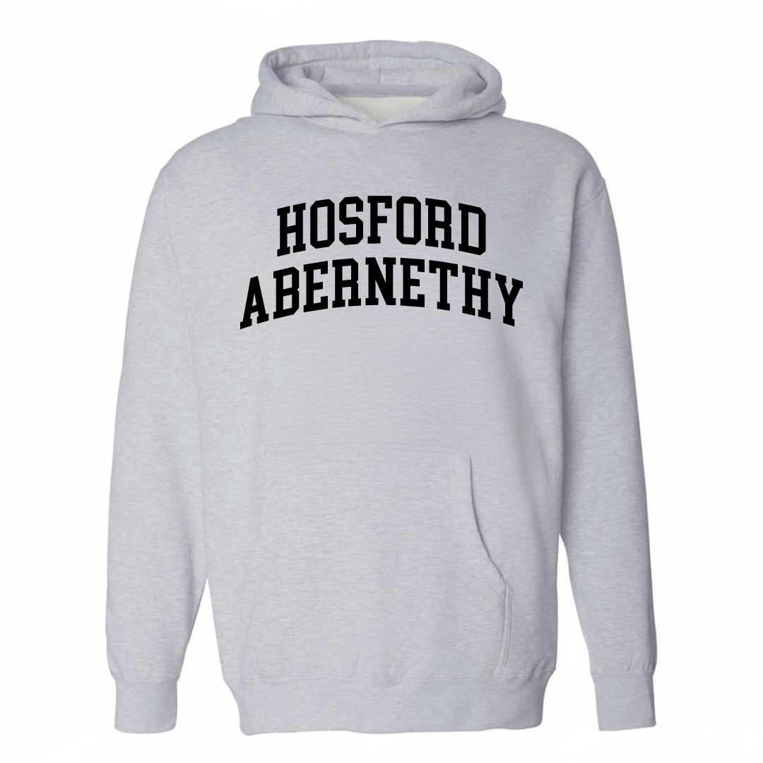 Heather-gray hoodie with the Hosford-Abernethy varsity arched lettering design on the chest.